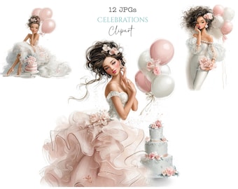 Imágenes prediseñadas de fiesta para niñas (12 imágenes JPG en acuarela) Descarga digital