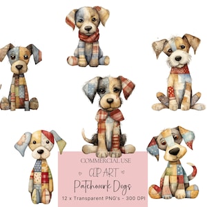 Patchwork cane clipart, clipart cani, cani peluche stampabile acquerello clipart, artigianato di carta, animale farcito trapuntato, bambola, diario spazzatura cane