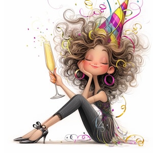 May include: A cartoon illustration of a woman with curly brown hair wearing a party hat and a black dress. She is holding a glass of champagne and smiling. There are confetti and streamers in the background.