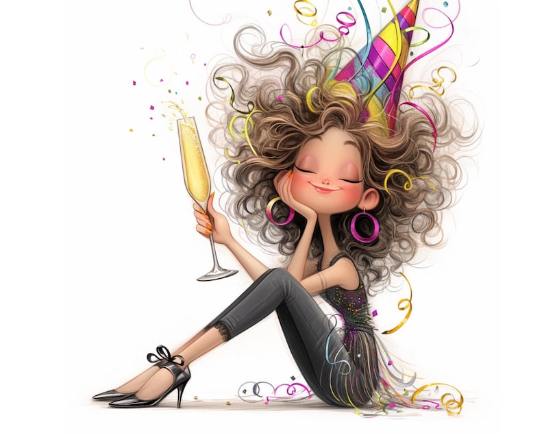 May include: A cartoon illustration of a woman with curly brown hair wearing a party hat and a black dress. She is holding a glass of champagne and smiling. There are confetti and streamers in the background.