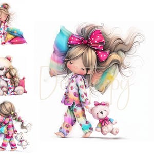 Meisje en teddybeer clipart 12 high-res aquarel JPG voor ongewenste tijdschriften scrapbooking kaarten maken digitale download grillige slapende meisje