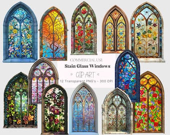 Stained Glass Windows Clipart, Vintage Floral Arches (Transparent PNGs)