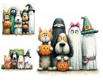 Halloween Cat and Dogs Clip Art 11 High Res Watercolor JPGs for Junk Journaling, Scrapbooking, Card Making -  Digital Download