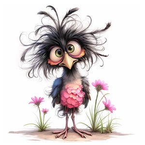 K&ouml;nnte beinhalten: Ein Cartoon-Vogel mit einem rosa und blauen K&ouml;rper, gro&szlig;en Augen und einem unordentlichen schwarz-wei&szlig;en Federkopf. Der Vogel steht auf einem wei&szlig;en Hintergrund mit rosa Blumen.