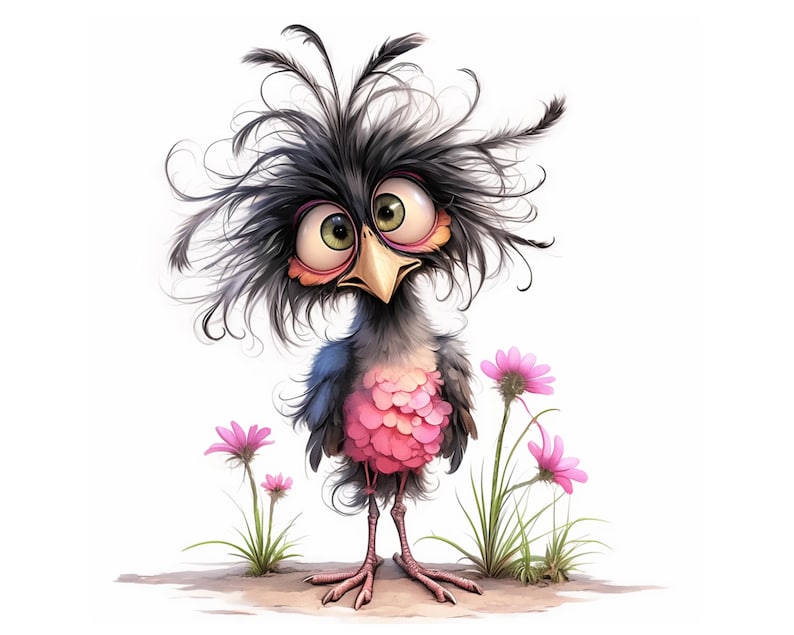 K&ouml;nnte beinhalten: Ein Cartoon-Vogel mit einem rosa und blauen K&ouml;rper, gro&szlig;en Augen und einem unordentlichen schwarz-wei&szlig;en Federkopf. Der Vogel steht auf einem wei&szlig;en Hintergrund mit rosa Blumen.