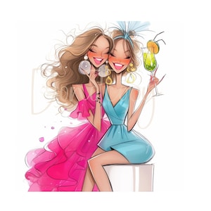 May include: Two women in dresses, one in pink and one in blue, are smiling and holding drinks. The woman in pink is holding a small, round object in her hand. The woman in blue is holding a green cocktail.
