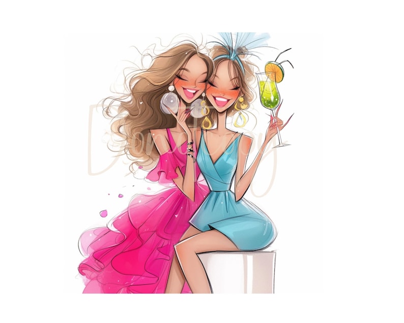 May include: Two women in dresses, one in pink and one in blue, are smiling and holding drinks. The woman in pink is holding a small, round object in her hand. The woman in blue is holding a green cocktail.