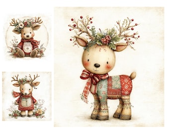 Christmas Clipart Bundle 14 High Res Watercolour Clipart JPGs, Junk Journals, Digital Download, Folk Art Reindeers