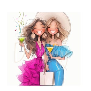 May include: Two women in colorful dresses are smiling and holding cocktails. One woman is wearing a pink dress with ruffles and the other is wearing a blue dress with a white hat. They are both holding shopping bags.