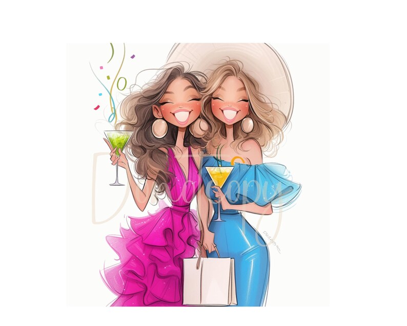 May include: Two women in colorful dresses are smiling and holding cocktails. One woman is wearing a pink dress with ruffles and the other is wearing a blue dress with a white hat. They are both holding shopping bags.