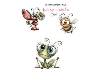 Quirky Insects Clipart - 15 PNG Quirky Designs - Digital Download