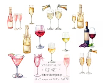 Wein und Champagner Aquarell Clipart, Feier PNG (digitaler Download)