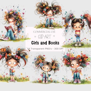 Quirky Girls and Books Clipart Bundle Whimsical Girls Clipart Quirky Girls Clipart,Cute Girls Books PNG, Cute Girls and Books PNG, Books PNG