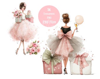 Imágenes prediseñadas de cumpleañera, 14 PNG transparentes, arte de fiesta en acuarela, descarga digital