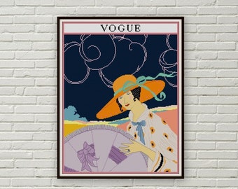 Handmade Autumn Lady with Coat Vintage French Vogue Inspired Cross Stitch Frame Vogue Cover Stitch Cross