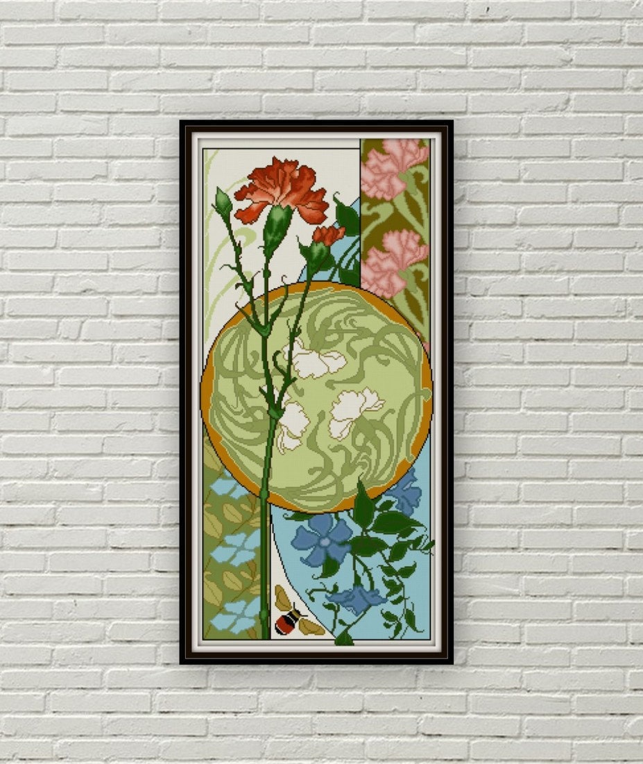 Carnation and Clematis Floral Panel Cross Stitch Pattern PDF Art