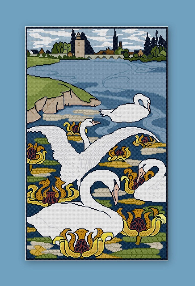 Art Nouveau Swans on Water Landscape Cross Stitch Pattern PDF - Etsy