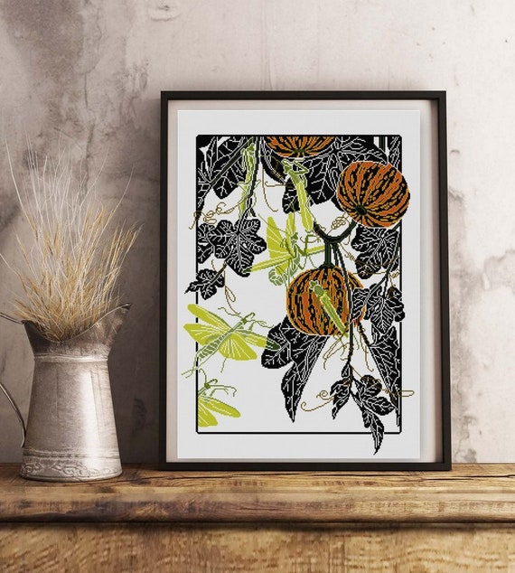 Praying Mantis and Squash Vine cross stitch pattern PDF Maurice Verneuil Art Nouveau