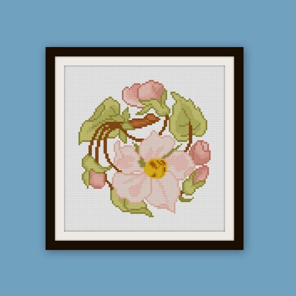 Simple Apple Blossom cross stitch pattern PDF  Art Nouveau pink flower circular floral motif