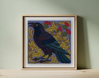 Crow cross stitch pattern PDF, square antique tile style, thistle background, Wildlife Series