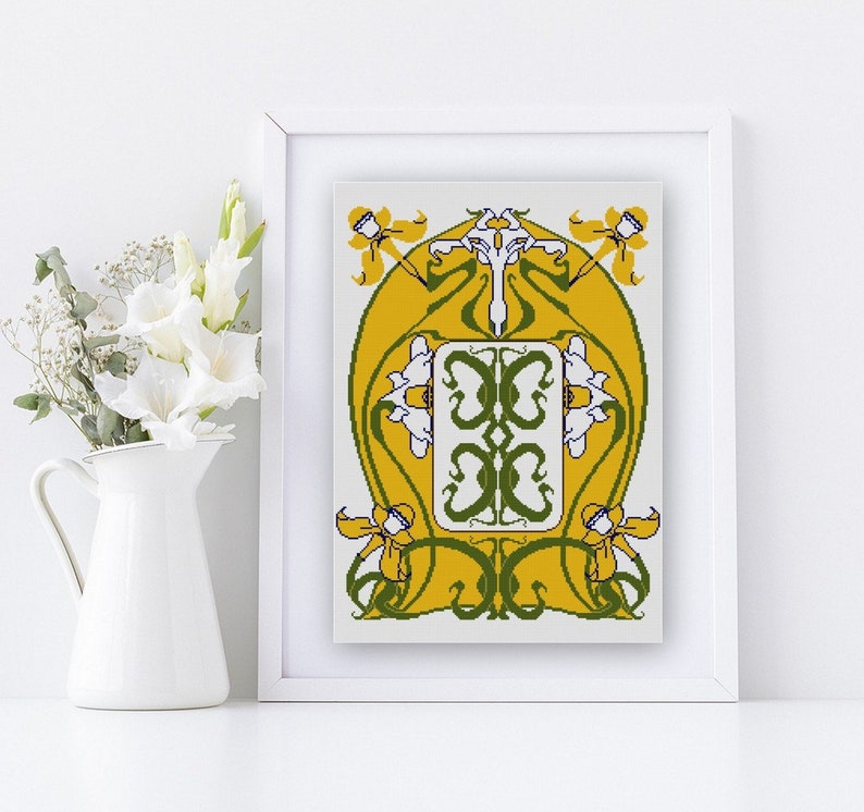 Art Nouveau Daffodil Cross stitch pattern PDF vintage calendar illustration image 1