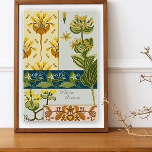 Gelber Enzian Blumen Kreuzstichmuster PDF, Blumenmuster, florale Illustration, 1900er Jahre
