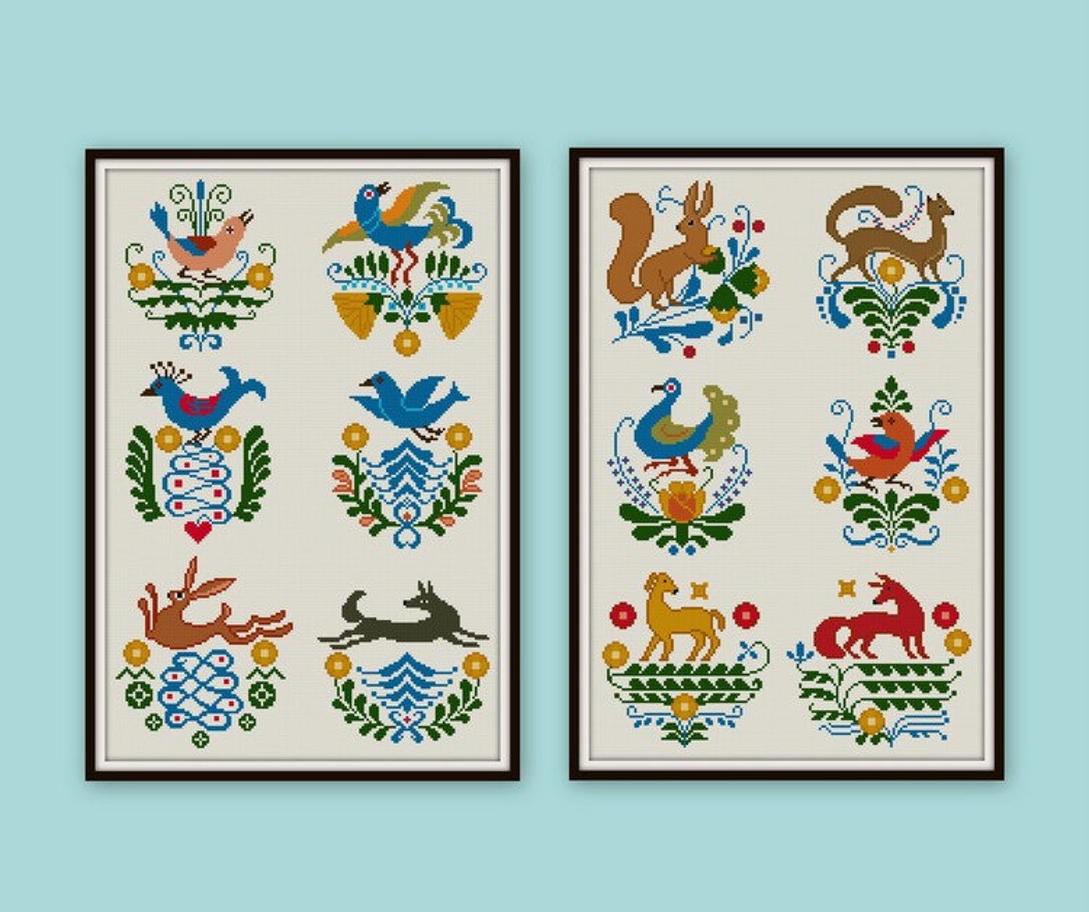 2 Panels Set of 12 Folk Art Birds and Animals Cross Stitch - Etsy