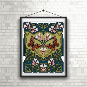 Nature Panel No. 7 Monarch Butterfly and Pink Flowers Cross stitch pattern PDF Art Nouveau