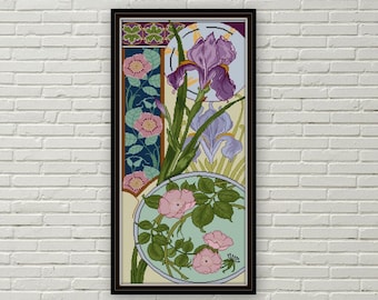 Purple Iris and Rose Cross stitch pattern PDF botanical cross stitch dragonfly vintage illustration Iris cross stitch flowers pattern