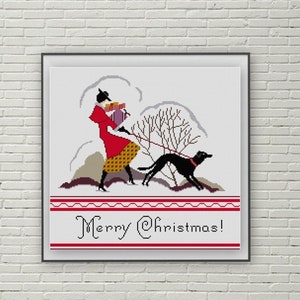 Art Deco Greyhound  Chirstmas cross stitch pattern PDF  Christmas Shopping Black dog