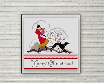 Art Deco Greyhound  Chirstmas cross stitch pattern PDF  Christmas Shopping Black dog