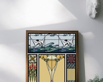 Stained Glass No. 6 Seagulls and Flowers Cross stitch pattern PDF Art Nouveau vintage stained glass design