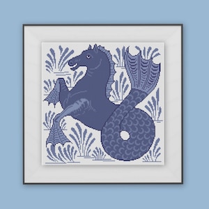Hippocamp Mythical creature cross stitch pattern PDF Antique tile William de Morgan Arts and Crafts blue and white