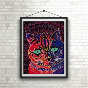 Louis Wain Green Eyed Cat cross stitch pattern PDF bright red and blue vintage illustration Cat cross stitch