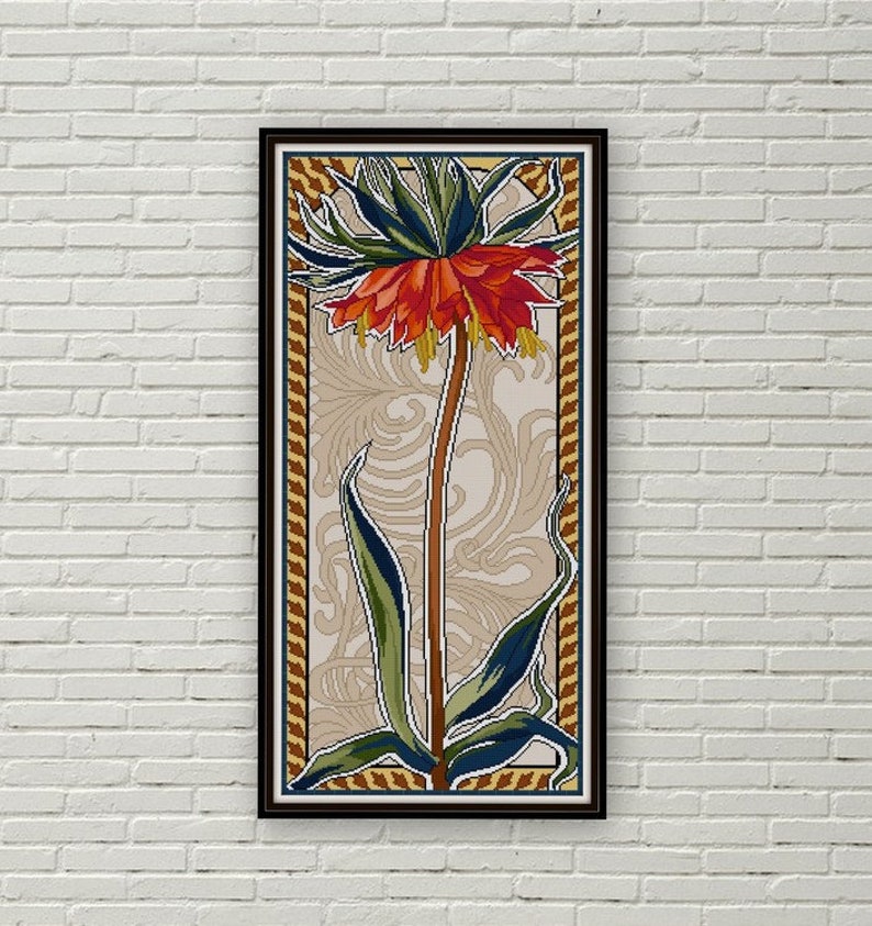 3 Art Nouveau flower cross stitch Crown Imperial cross stitch pattern PDF Mary Golay No