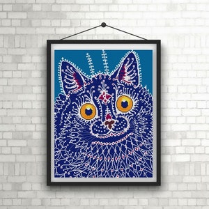 Louis Wain Cosmic Blue and White Cat cross stitch pattern PDF vintage illustration