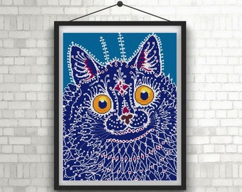May include: A blue and white pixelated cat with yellow eyes and a whimsical expression. The cat is framed in a black frame against a white brick wall.
