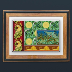 Vögel Fische und Schnecken Natur Kreuzstichmuster PDF, botanische Jugendstil Kartierung, Kakadu, Eidechse