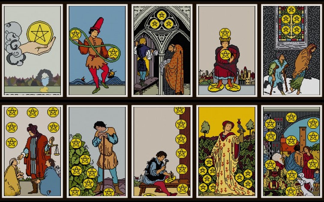 SALE Set of 14 Suit of Pentacles Tarot Cross Stitch Pattern
