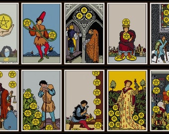 SALE Set of 14 Suit of Pentacles tarot cross stitch pattern PDFs minor arcana complete set rider waite