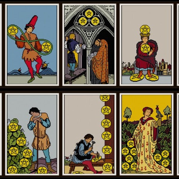 SALE Set of 14 Suit of Pentacles tarot cross stitch pattern PDFs minor arcana complete set rider waite