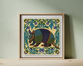 Armadillo cross stitch pattern, charted PDF, Wildlife Series, nature animal, square antique style