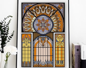 Stained Glass No. 2 Cross stitch pattern PDF Art Nouveau stained glass Geometric Orange and Brown