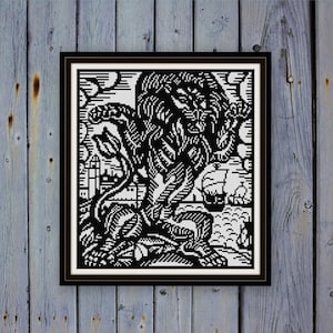 Le Lion The Lion cross stitch pattern PDF black and white 1911 woodblock art Raoul Dufy Bestiary cat