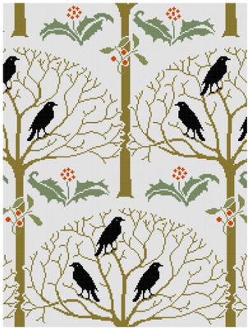 Rook and Holly Berry Cross stitch pattern PDF Art Nouveau Holiday Winter Cross stitch Crows Black birds image 2