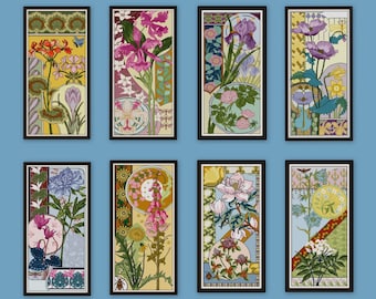 SALE Set C 8 Art Nouveau floral Cross Stitch patterns PDFs Crocus Jonquil Iris Orchid Foxglove Peony Magnolia Jasmine