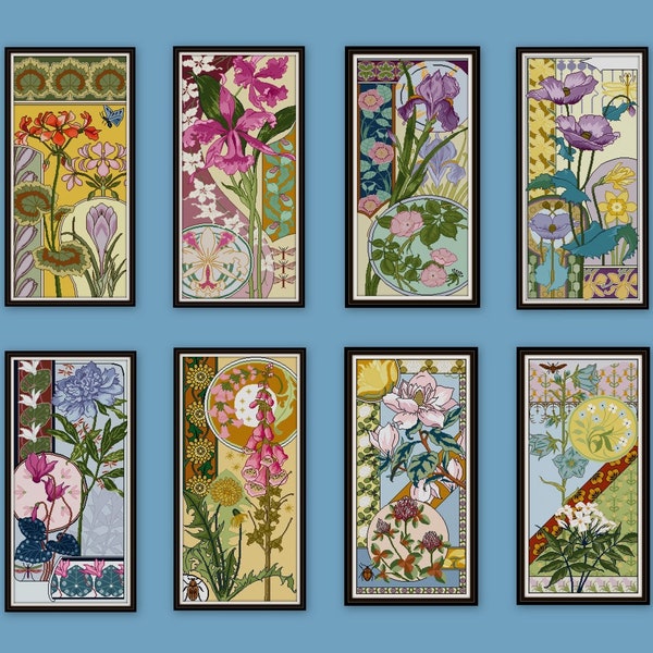 SALE Set C 8 Jugendstil floral Kreuzstichmuster PDFs Crocus Jonquil Iris Orchidee Fingerhut Pfingstrose Magnolie Jasmin