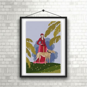 Medieval Lady with Hounds No. 3 cross stitch pattern PDF Red gown greyhounds sight hounds vintage illustration