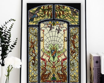 Birds and Squirrel Nature Stained Glass Cross stitch pattern PDF No. 12 Owl Hawk Swallow Art Nouveau