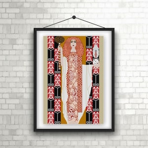 May include: A digital art print of a woman in a long, patterned dress with a geometric design. The woman is holding a flower and a bird in her hands. The background is a geometric pattern in red, black, and white.